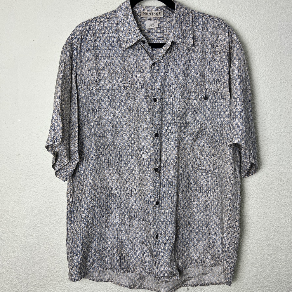 Montage Pour Homme Men's Short Sleeve Geometric Print 100% Silk Shirt Size Large